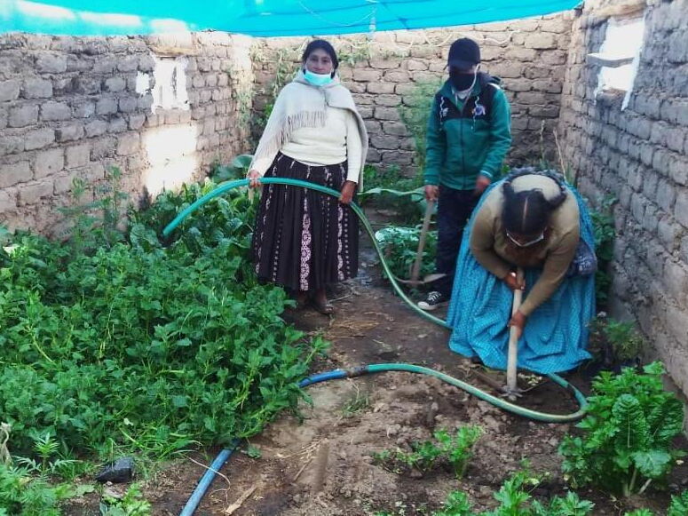 Three Women irrigating in a Greenhouse